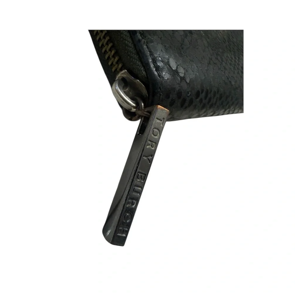 Tory Burch Black Textured Zip-Around Wallet with Silver Logo